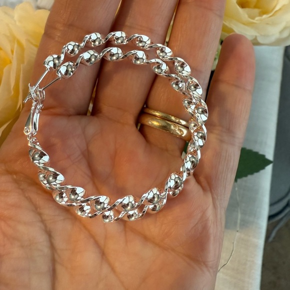 Silver Large Spiral Twist Hoop Earrings - Picture 3 of 4